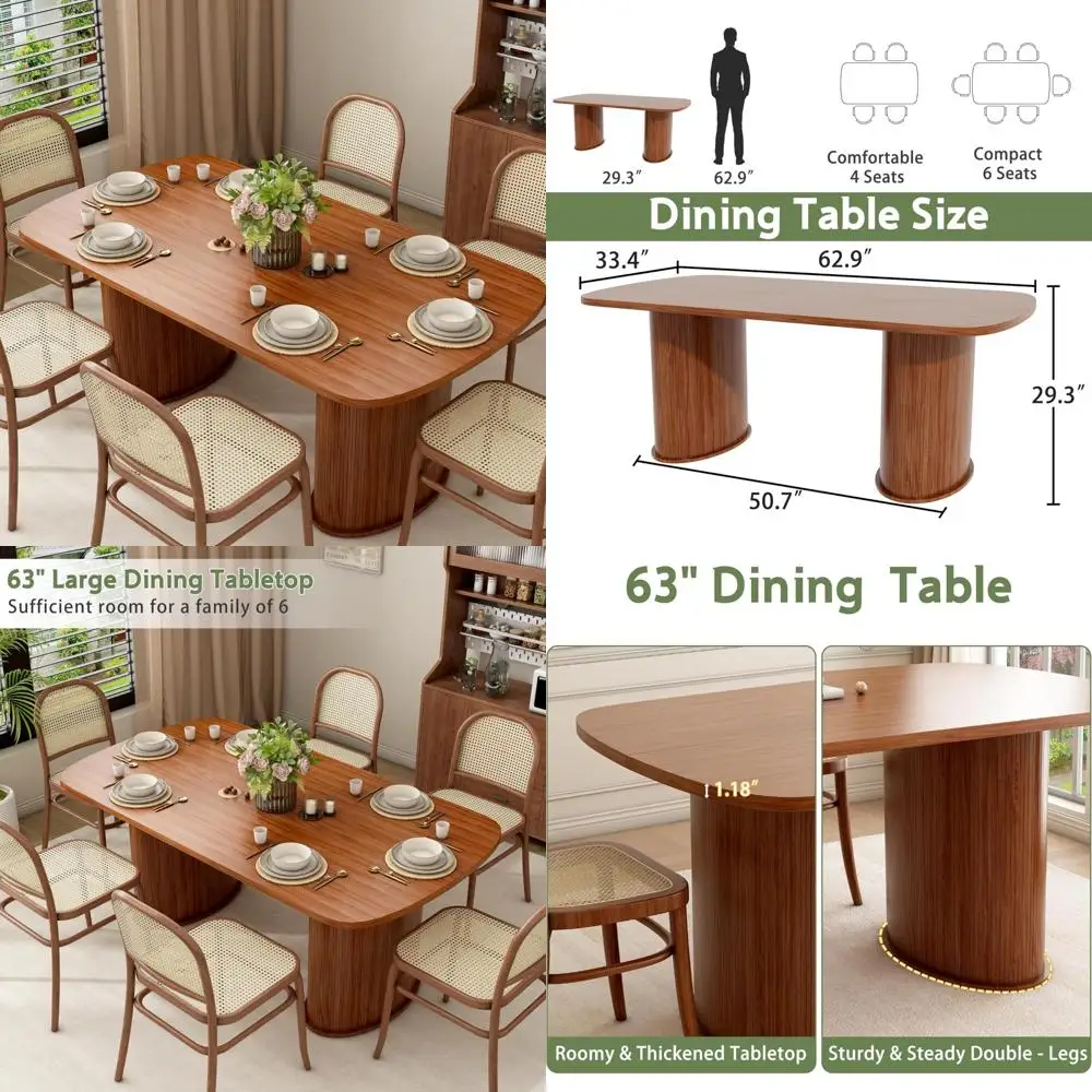 Seating for Six Rectangular Farmhouse Dining Table with Cylindrical Base and Rounded Edges