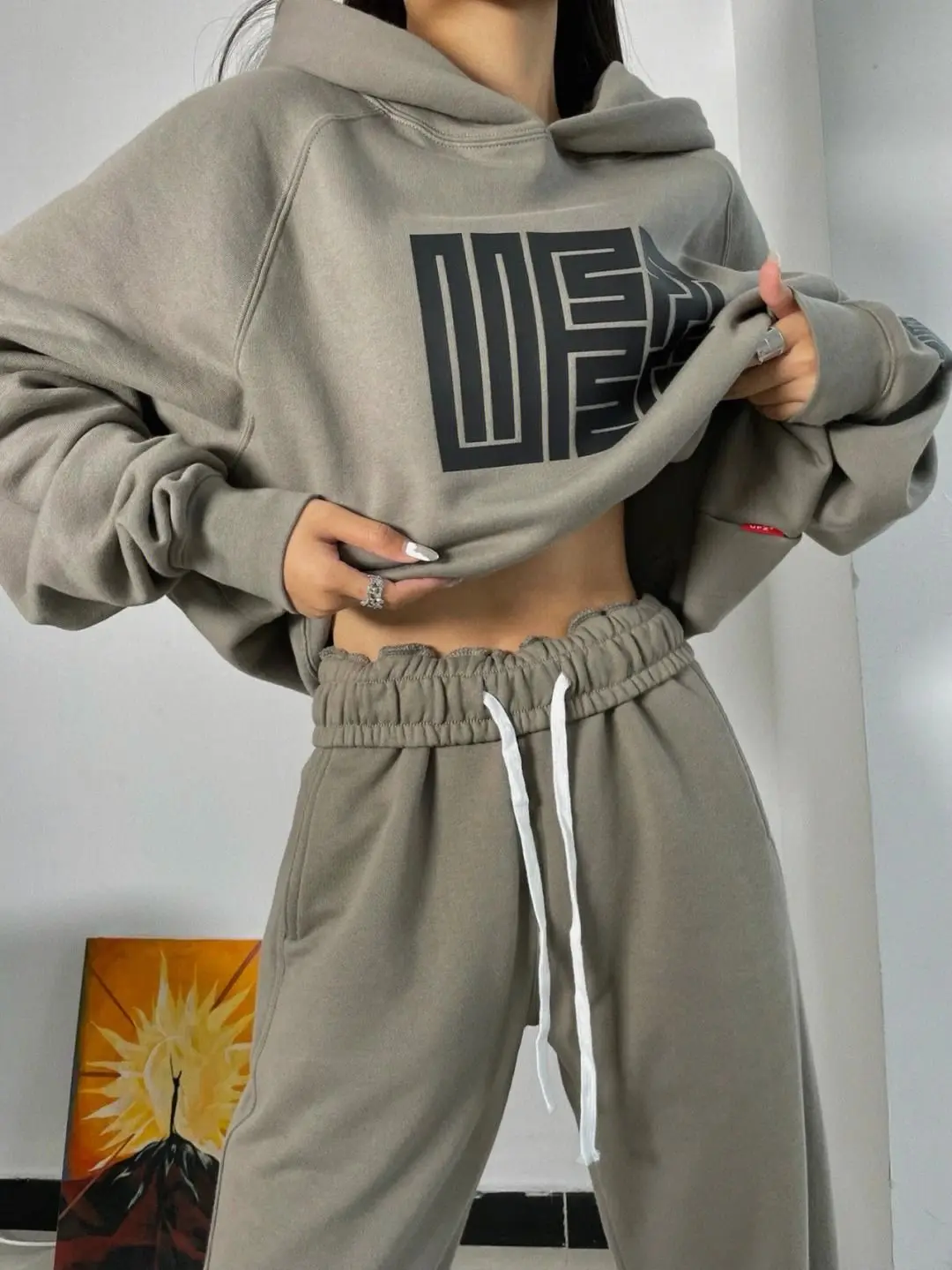 Spring Autumn Hooded Long Sleeved Sweatshirts+High Waist Drawstring Wide Leg Pants Autumn Female Streetwear Jogger Two Piece Set