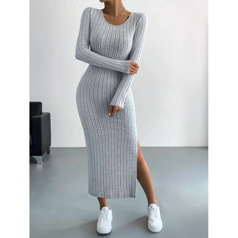 

Women's Dress New Long Sleeve Round Neck Slit Knitted Long Dresses