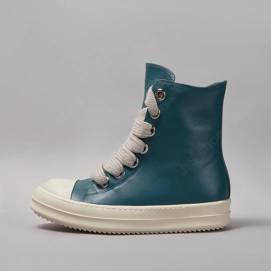 Brand RO Shoe Ricks Men Casual Shoes Cyan Leather Shoe Owens Men Sneakers Women Luxury Jumbo Laces ZIP High Top Shoe Ankle Boots