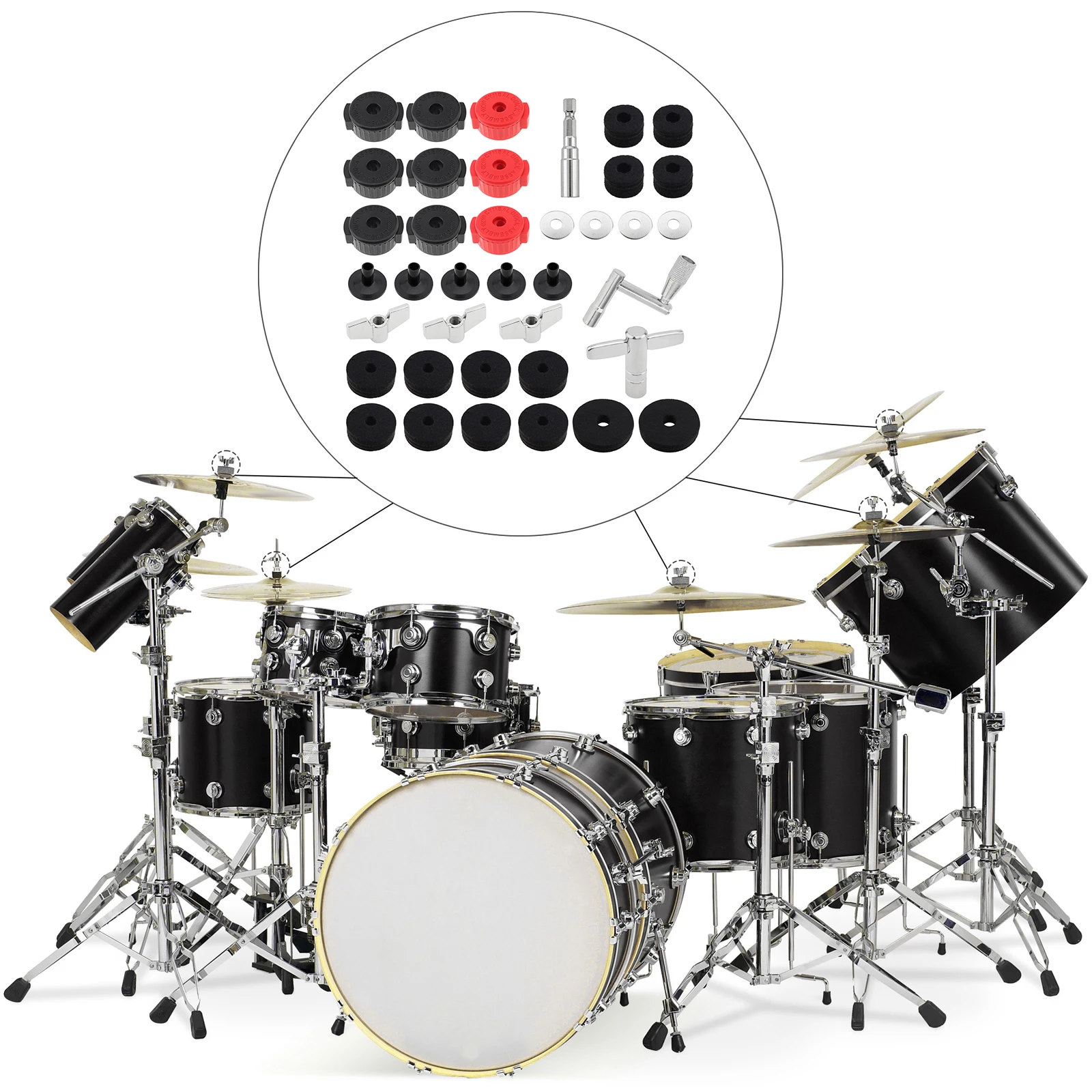 38 Pcs Complete Cymbal Replacement Kit Set with Cymbal Felts Clutch Wing Nut Washers Quick Tuning Drum Key Cymbal Felts Pads