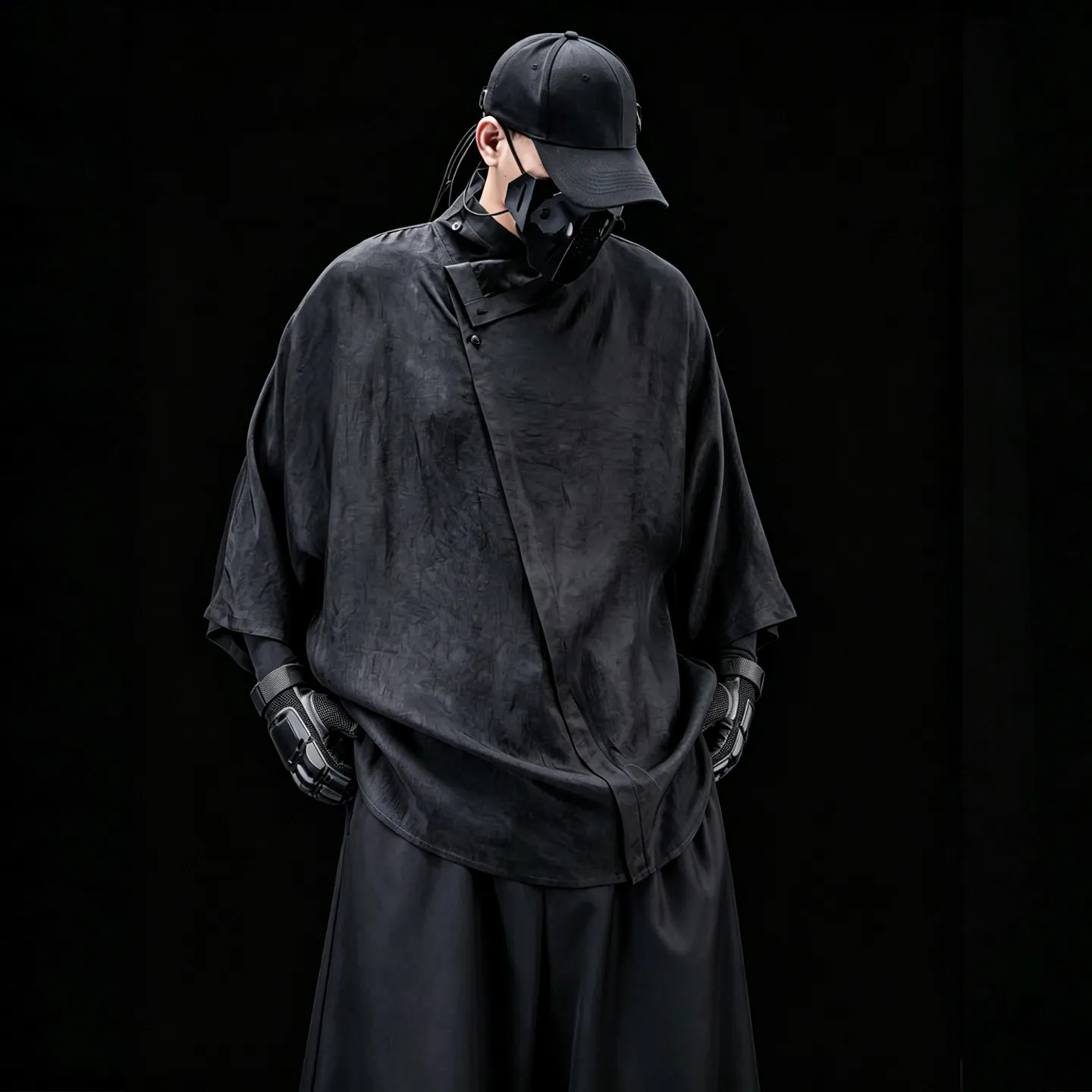 Designer Dark Style Vertical Cut Irregular Stand Collar Slit Black Acetate Shirt Half Sleeve Short Sleeve Shirt