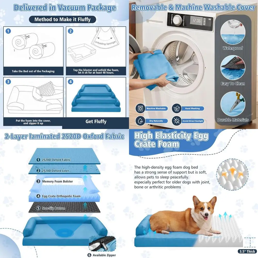 

Orthopedic Memory Foam Dog Bed - Waterproof, Washable Cover, Non-Slip Base for Medium to Large Dogs, 42 x 30 Blue