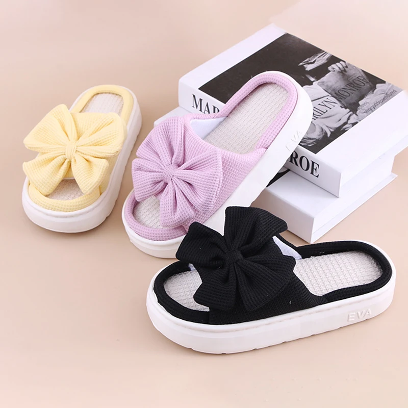 Hemp Platform Slippers Women Home Bow Sweet Casual Designer Shoes Ladies Spring Summer Indoor Slides Soft Sole Non-Slip Floor image 3