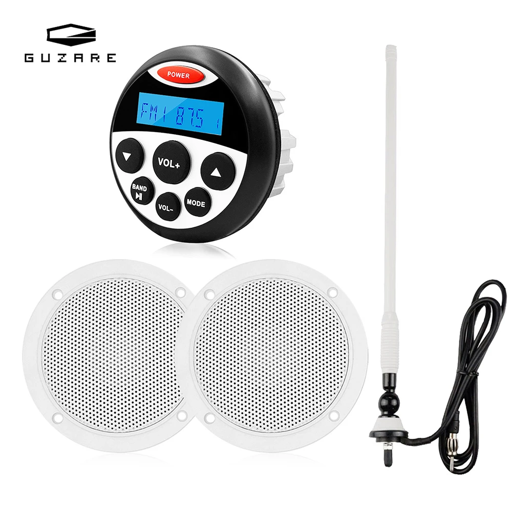 

GUZARE Boat Radio Stereo Audio Bluetooth Receiver 4" Marine Waterproof Speaker FM Antenna for Jet Ski ATVs Open Gazebo