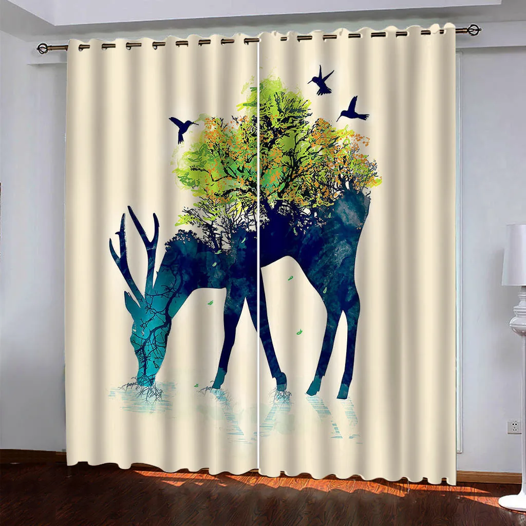 HUANZHUANG Short Curtains Abstract Forest Elk Drapes Shading Bedroom Winodw Curtains Set For Living Room 2 Pieces Free Shiping