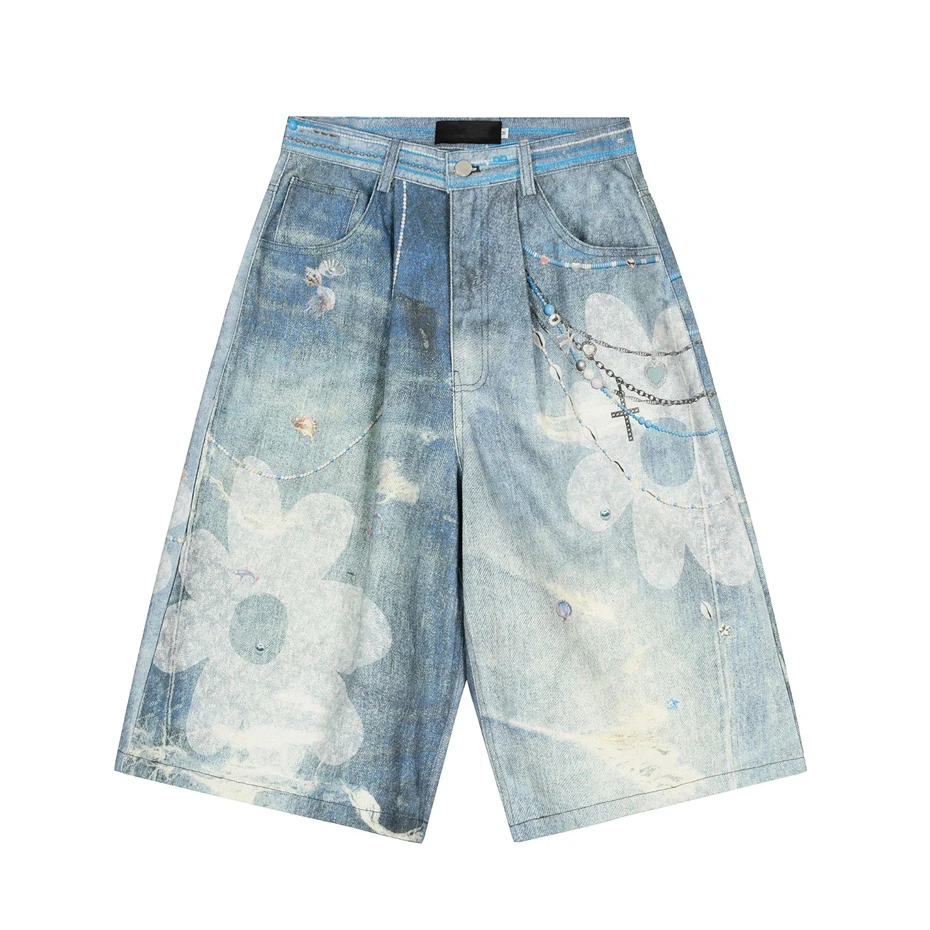 

Flower Print Denim Shorts Mens Streetwear Hip Hop Washed Jeans Short Men Harajuku Vintage Baggy Calf Length Pants Male
