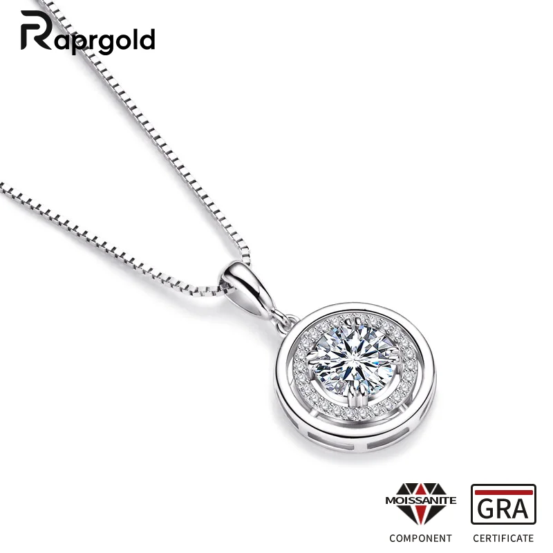 

RAPRGOLD GRA Certified All Moissanite Round Pendant Necklaces for Women S925 Sterling Silver Necklace Chains Fine Jewelry Gifts