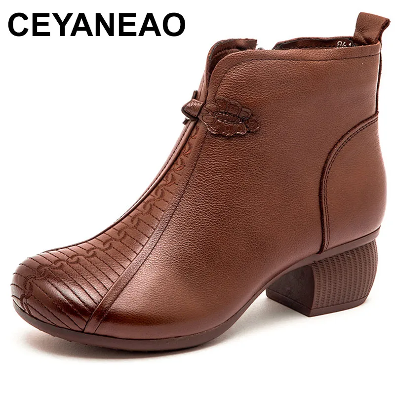 

New Autumn Winter Thick Heel Ankle Boots Women Warm Boots Shoes Handmade Genuine Leather Zipper Retro Short Boots