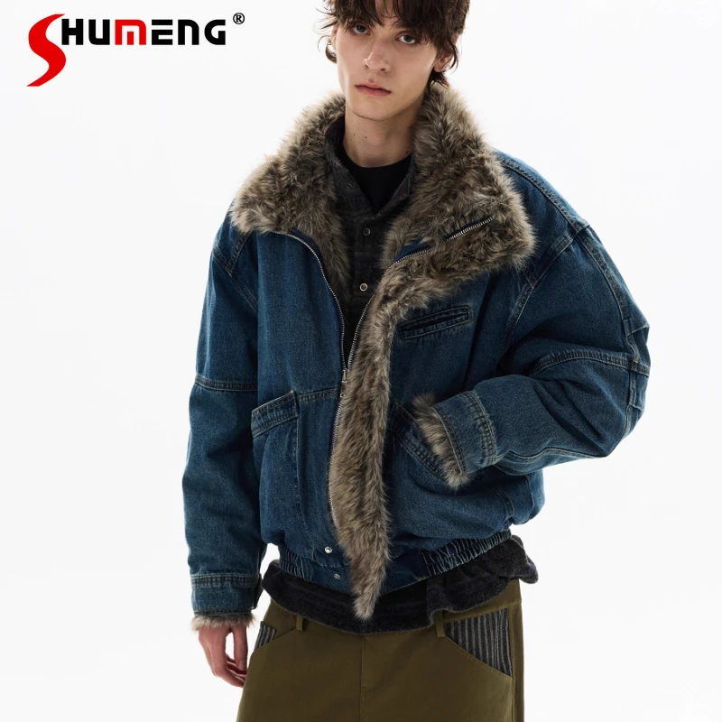 

2025 Men's Winter New American Style Chic Faux Fur Collar Jackets Men's High-End Stylish Thickened Trendy Denim Jackets Parkas