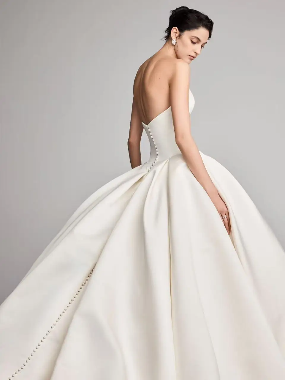 Strapless Satin Ball Gown Wedding Dress Minimalist Pleated Bridal Gown Back Button Detail Cathedral Train Custom Size Custom