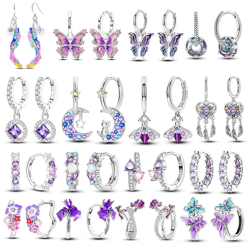 

925 Sterling Silver Purple Series Feather Butterfly Dream Catcher Firefly Zircon Earrings for Women Luxury Jewelry Wedding Gift