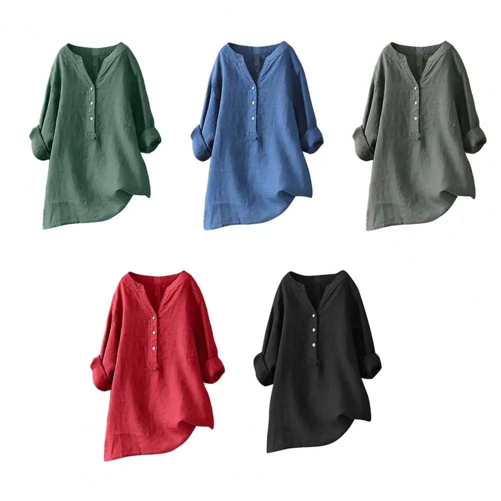 

2026 Vintage Cotton Linen Shirts for Women Spring Summer Casual Loose Long Sleeve Shirt Ladies Oversize V-neck Blouse Tunic Tops