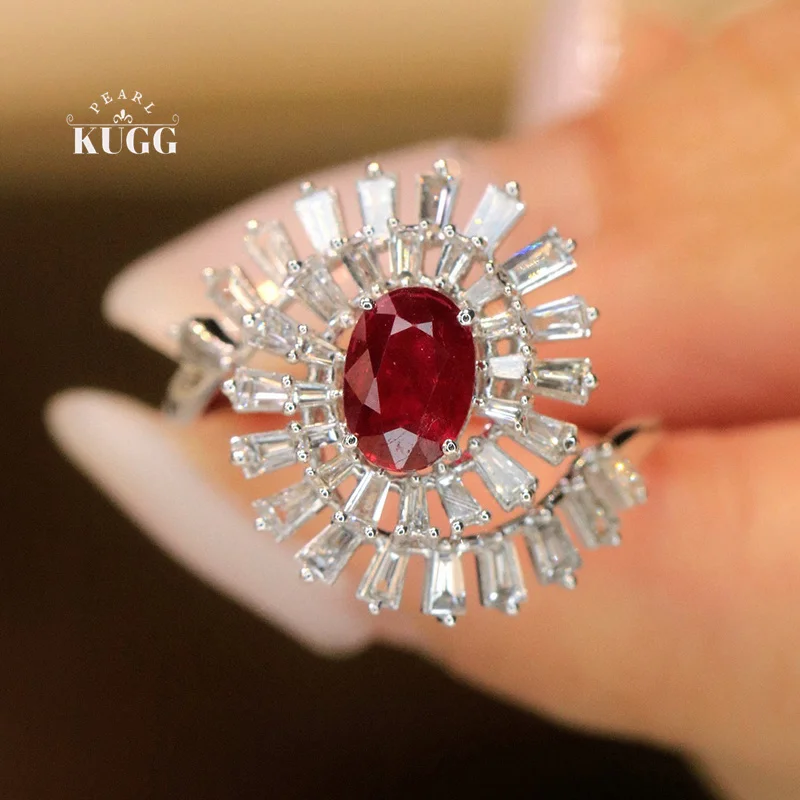 

KUGG 100% 18K White Gold Rings Luxury Shiny Design Natural Diamond Natural Ruby Ring for Women High Party Jewelry