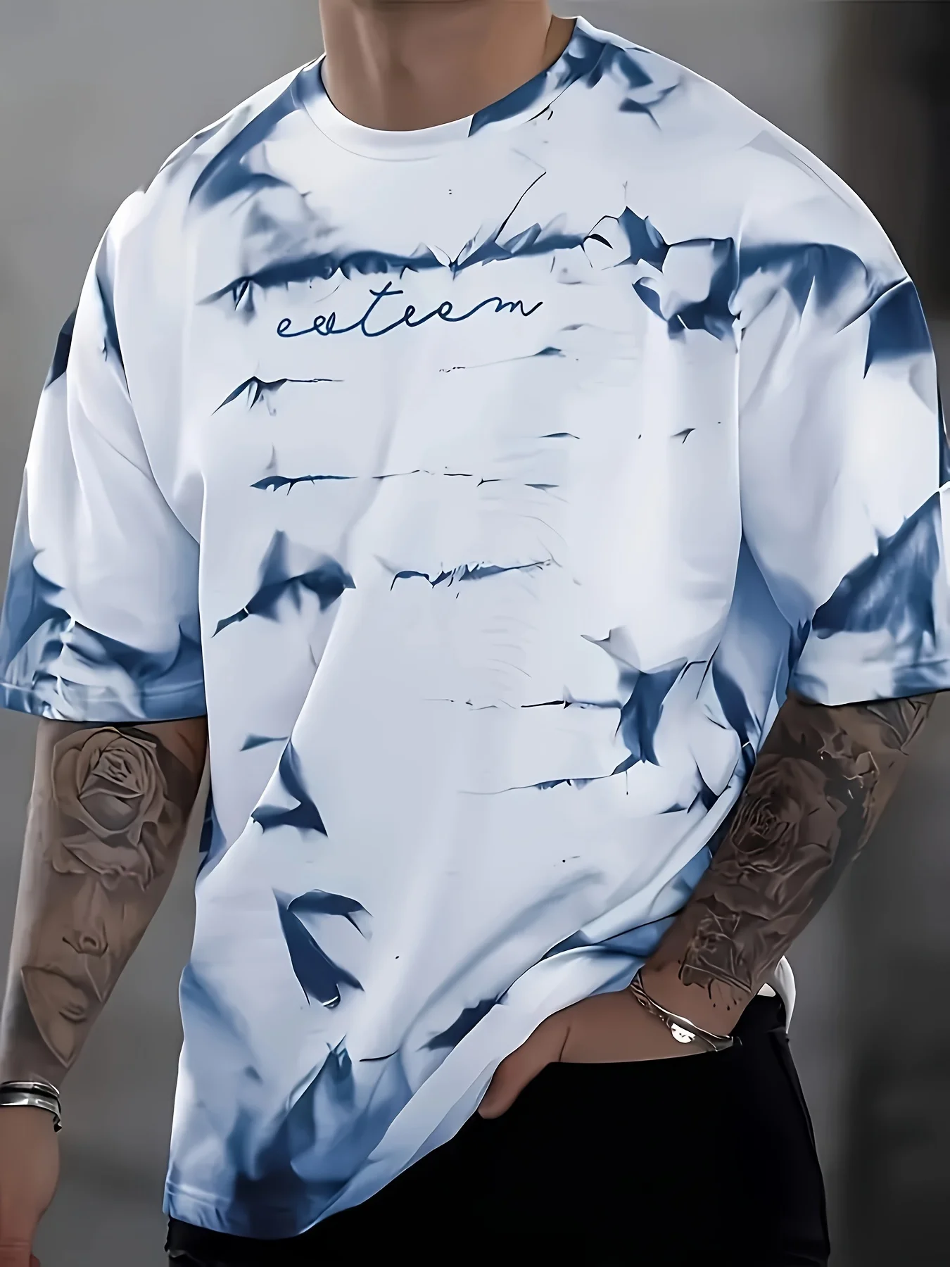2026 New 3D Print Tie Dye T-shirt Family Matching Outfits, Blue White Ink Wash Short Sleeve Casual Tee for Men Women Kids
