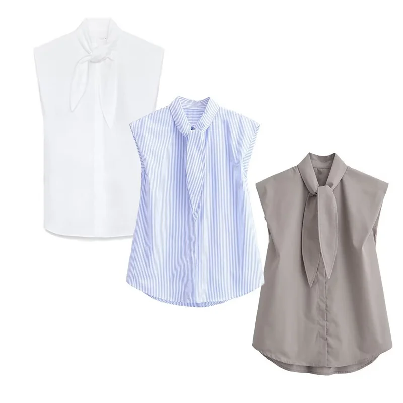 

Summer Women's Shirts Top 2026 New Fashion Casual Sleeveless Bow Striped Shirt Top Short Women's Clothing