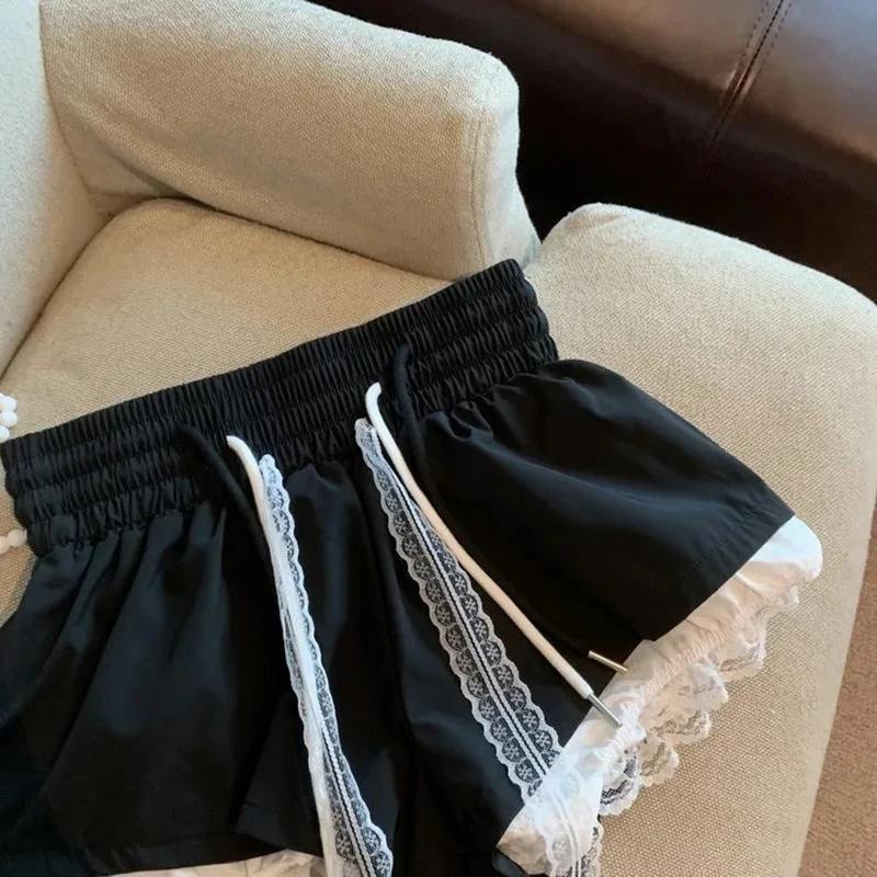 레이스 패치워크 여성 와이드 레그 숏 패션 하이웨이스트 멀티 레이어 시크 숏 스커트 여름 스트릿웨어 핫걸 미니 팬츠