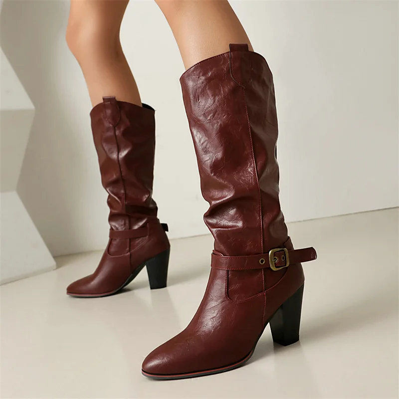 British Style Pointed Toe Chunky Heels Knee Boots Pleated Design Buckle Straps Botas Sewing Belt Burgundy Winter Women Shoes New