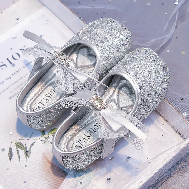 Sparkly Sequins Leather Shoes for Toddler Girls 2026 New Summer Kids Dress Shoes with Cute Bow Soft Sole Trendy Princess Party