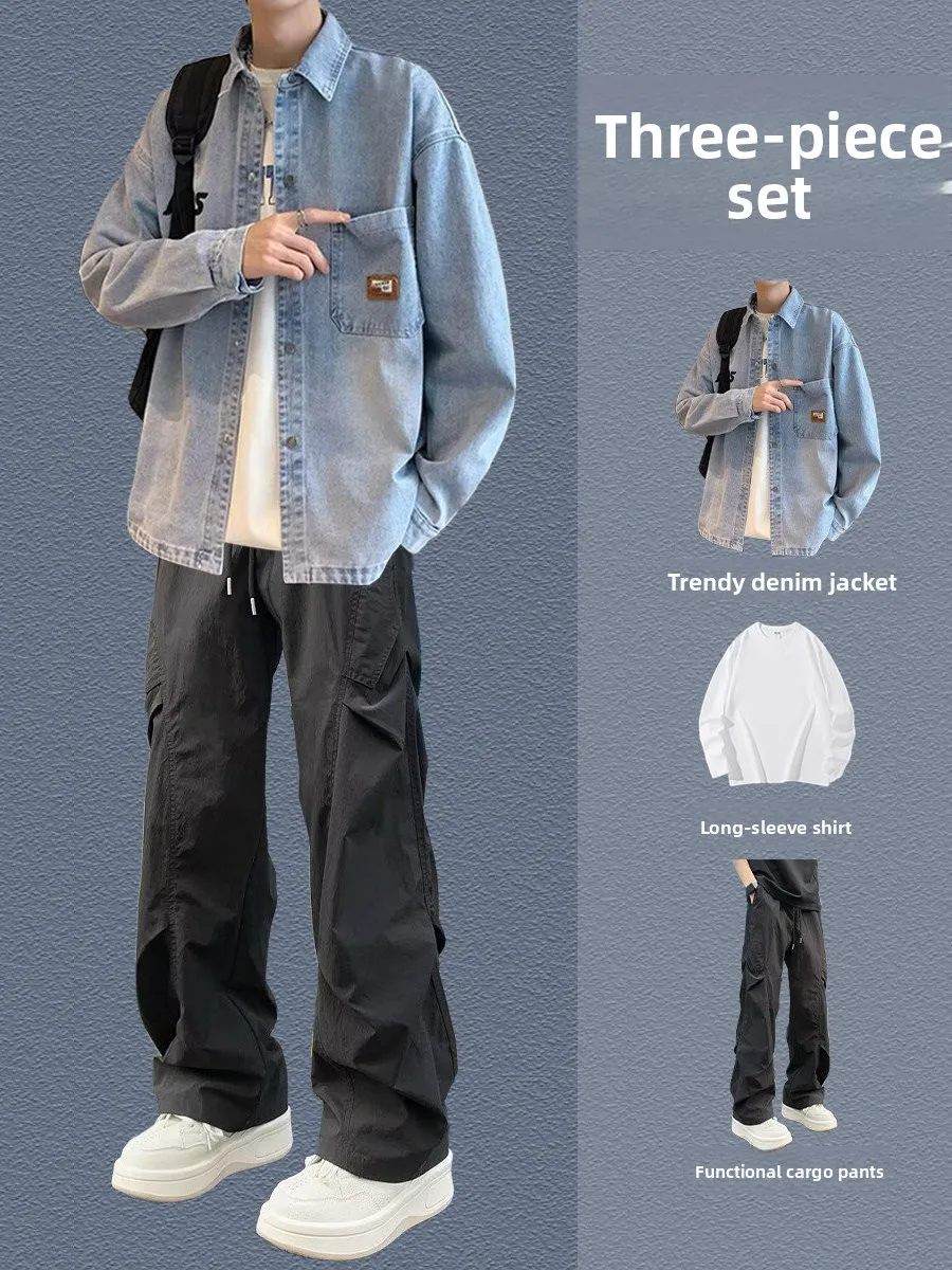 Spring Autumn New Style Men's Casual Denim Shirt Cool Teenager Leisure Jacket Set Long Sleeve Long Pants Fashionable Outfit view 2