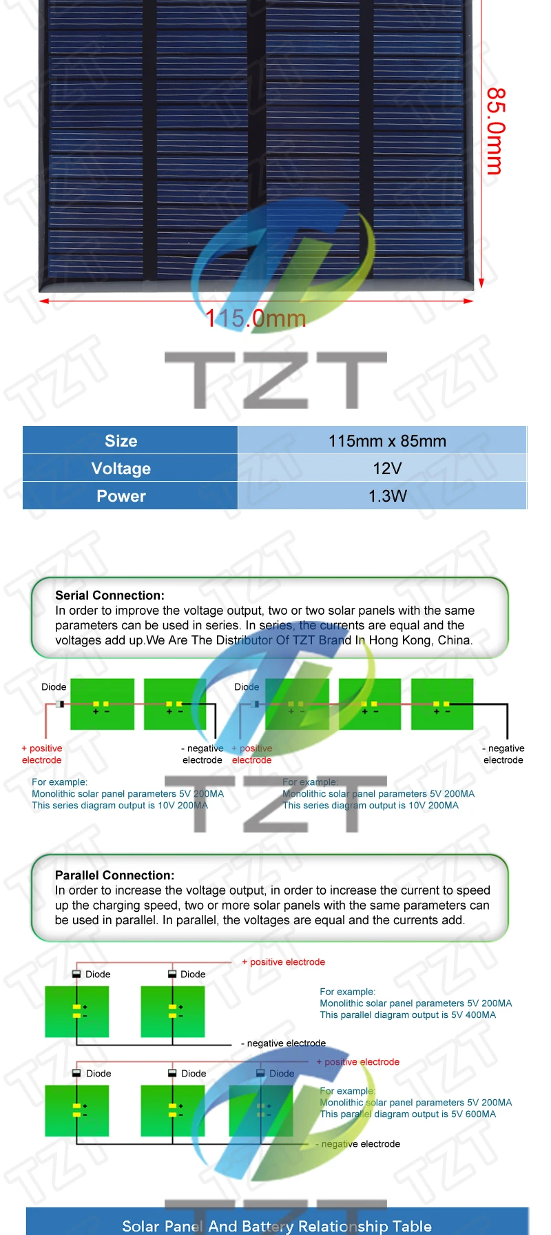 TZT 12V 1,3W 115x85MM Mini-Solarmodul Polycrystallines Silizium DIY Batterie-Lademodul Solarzellen-Ladeplatte – Detail 2