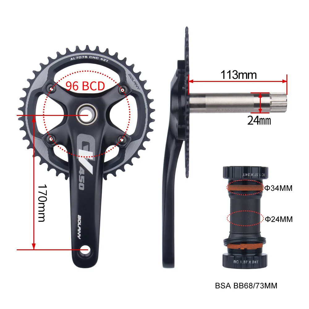 Road Mountain Bike Aluminum Alloy 170mm Hollow Integral Crank Single Plate 42T Lightweight