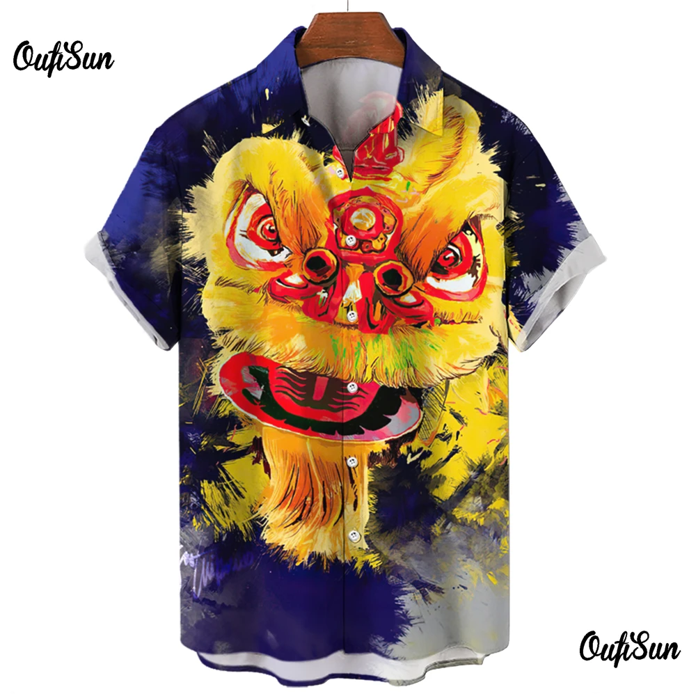 2024 New Year Man Shirt 3d Print Men's Short Sleeve Shirt Chinese Lion Dance Big Size Lapel Top High Quality Male Button Clothes