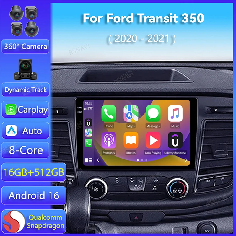 Android 16 Carplay Auto For Ford Transit 350 2020 2021 Car Radio Navigation 360 Camera Stereo Multimedia 2K Screen Player Video