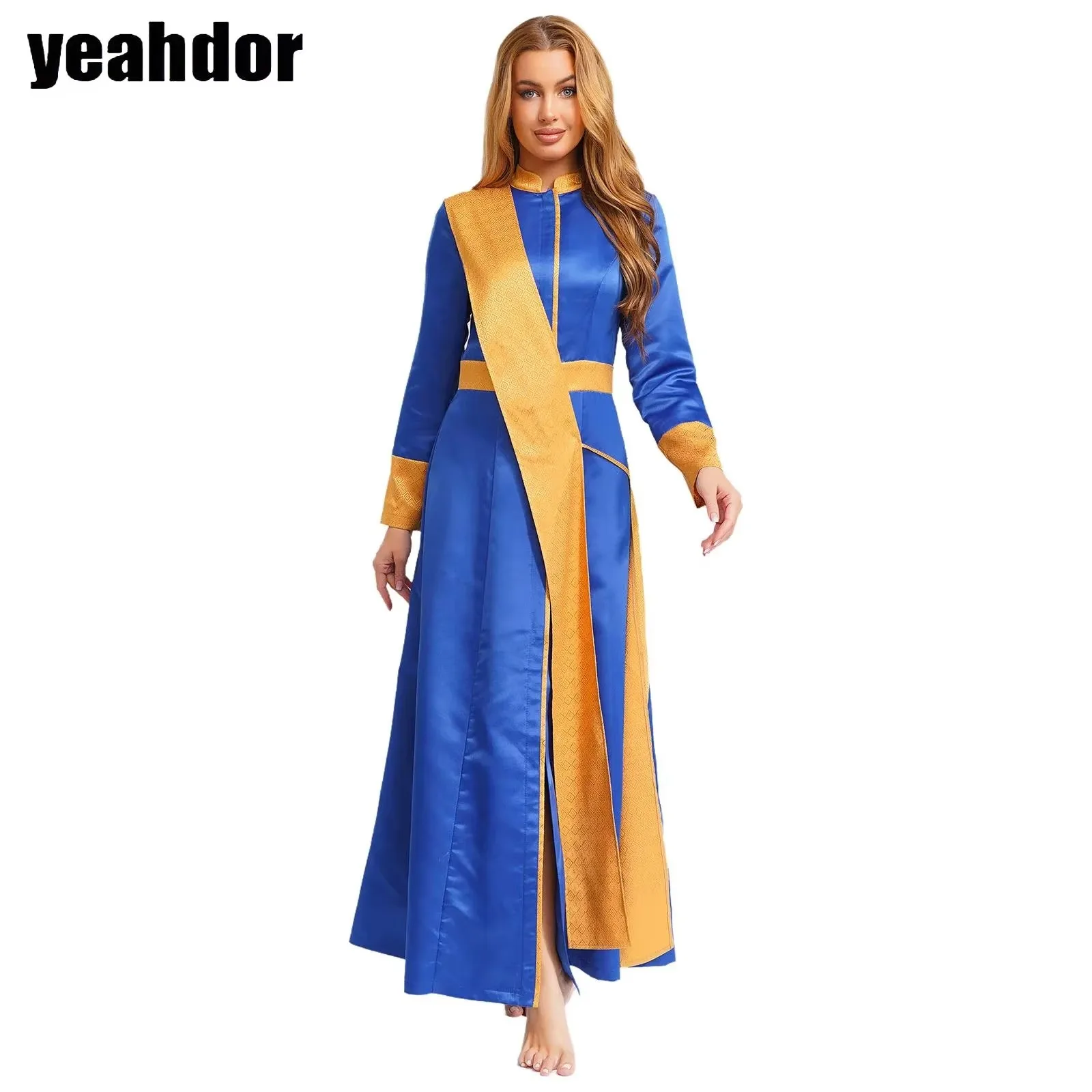 

Medieval Priest Cosplay Costume Women Priest Robe Dress with Stole Long Sleeve Jacquard Pastor Gown Vestments Catholic Clergy