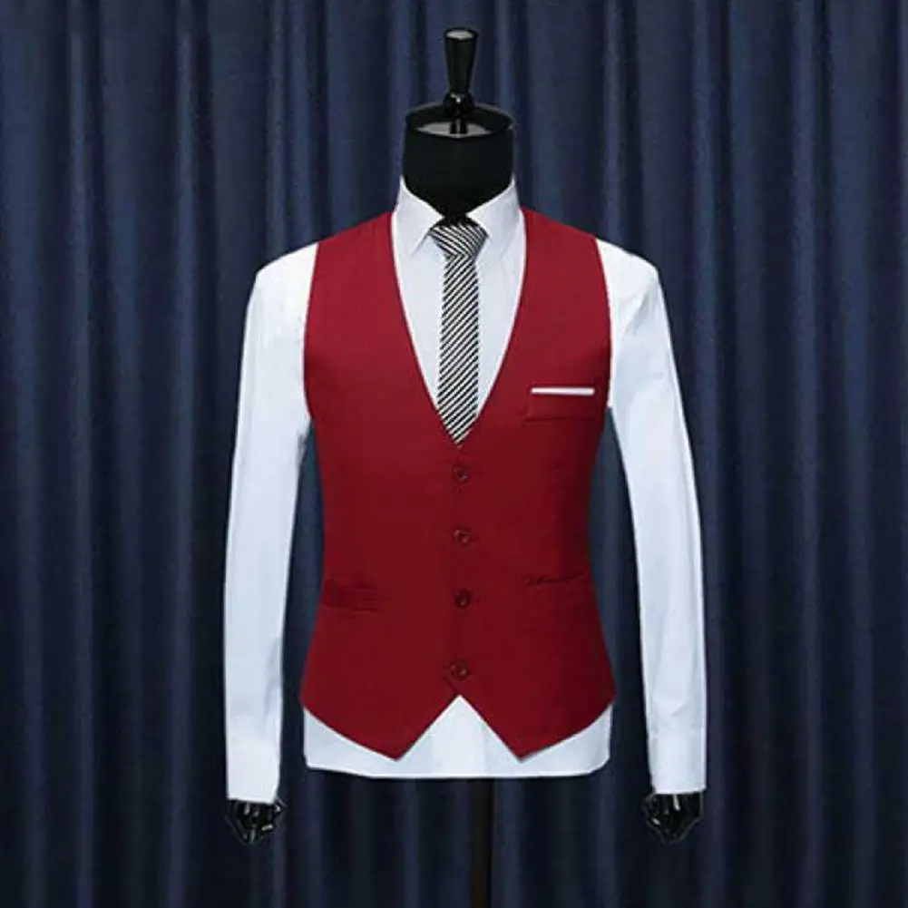 Men Suit Vest V-Neck Sleeveless Single Breasted Business Waistcoat Solid Color Formal Dress Waistcoat Sophisticated Suit Vest