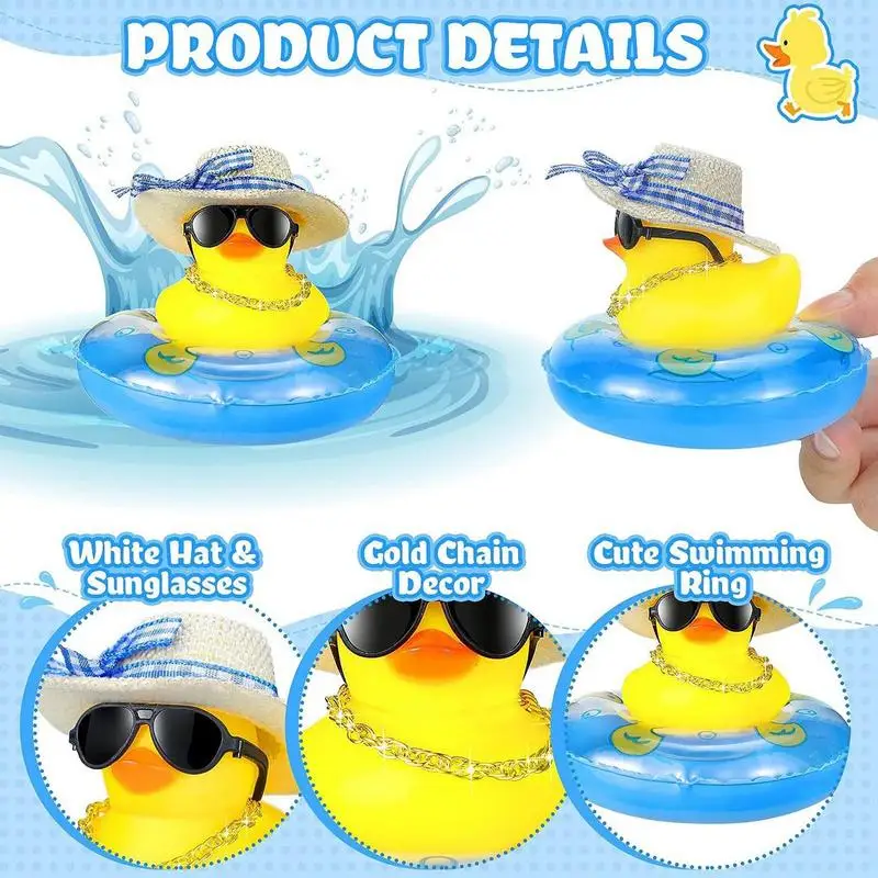 Rubber Duck For Car SUV Dashboard Yellow Rubber Duck Ducks Squeak Toy With Mini Sun Hat Swim Ring Necklace Sunglasses Bedroom