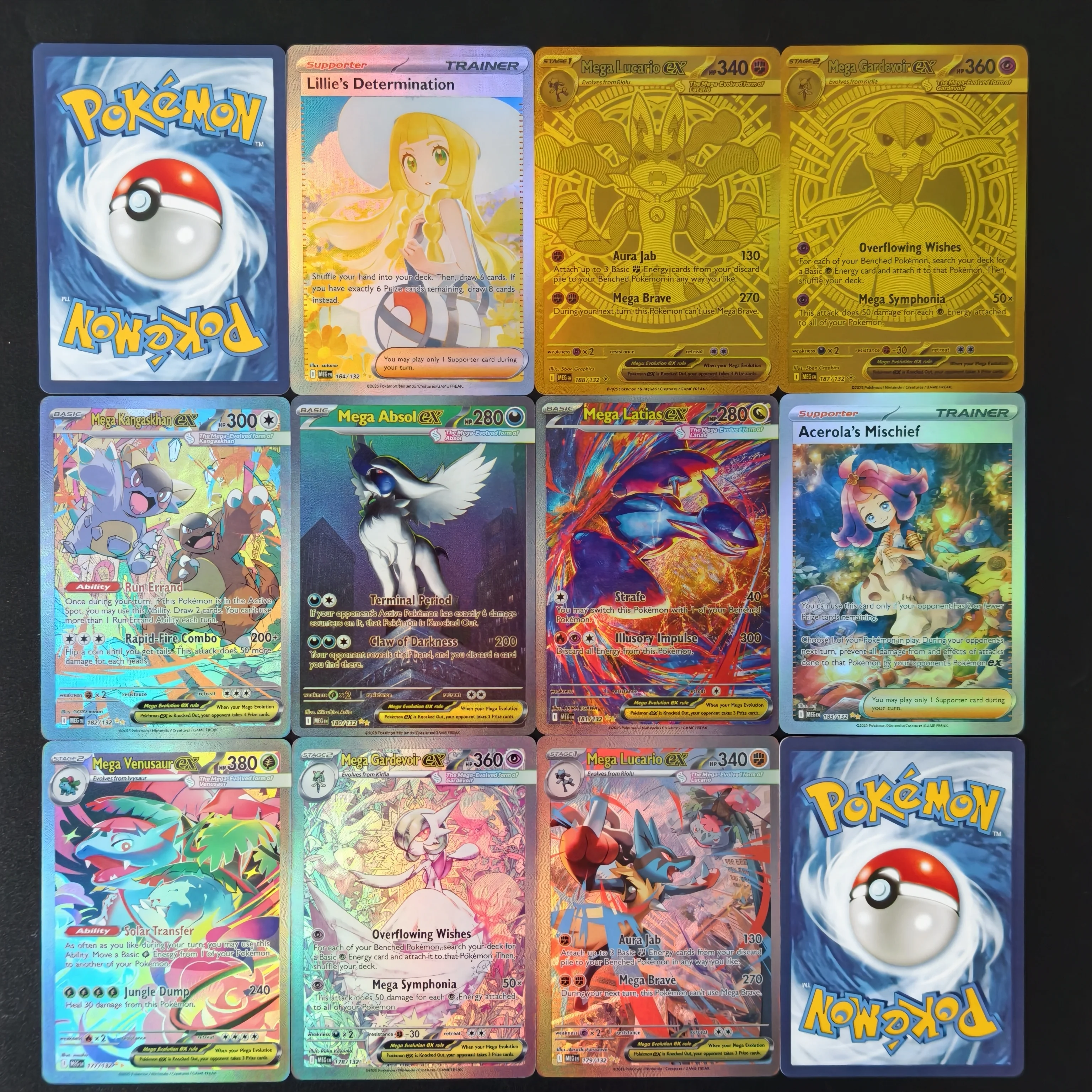 10 Stück/Englische TCG Proxy-Karten PKM MEG Mega Evolution EX Gold Seltene Trainerkarten Lillie Determination Acerolas Mischief-Karte
