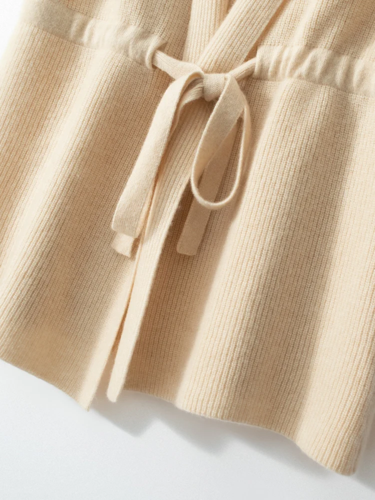 

TLOML Women V-neck Waistcoat 100% Cashmere Sweater Autumn Winter Sleeveless Waist Drawstring Cardigan Simple Style Knitwear Vest