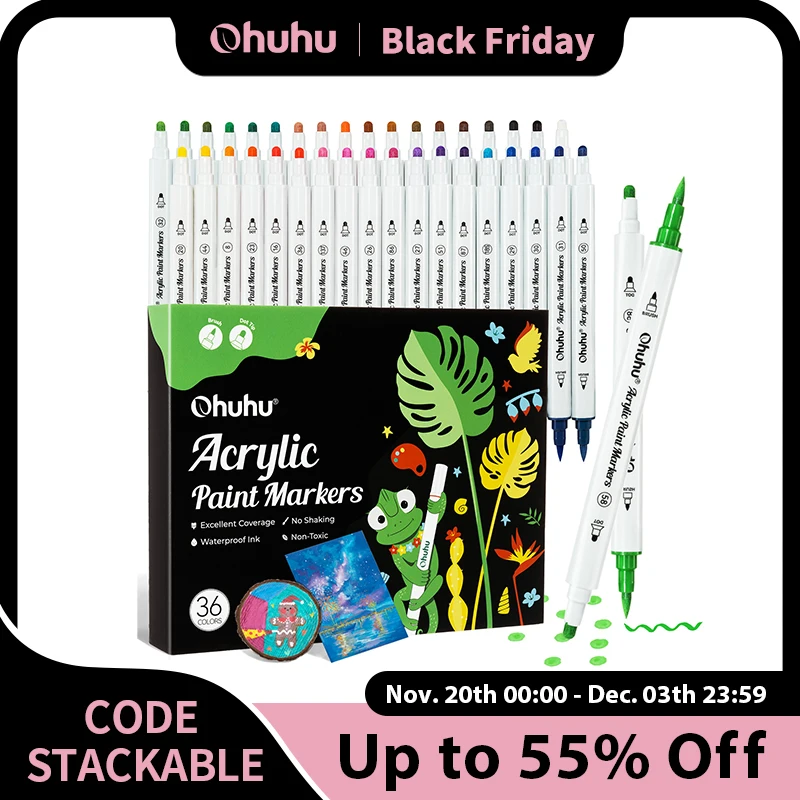 

Акриловые маркеры Ohuhu, хлопковый сердечник, 36 цветов, ручки для рисования с двумя наконечниками, высокопрочные акриловые маркеры, водонепроницаемые, светостойкие, для рисования