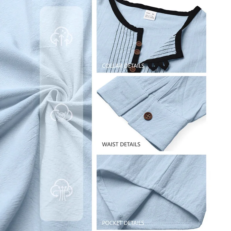 Men's Casual Linen Cotton Henley Shirt Long Sleeve V-Neck Button Tunic Tops Beach Vacation