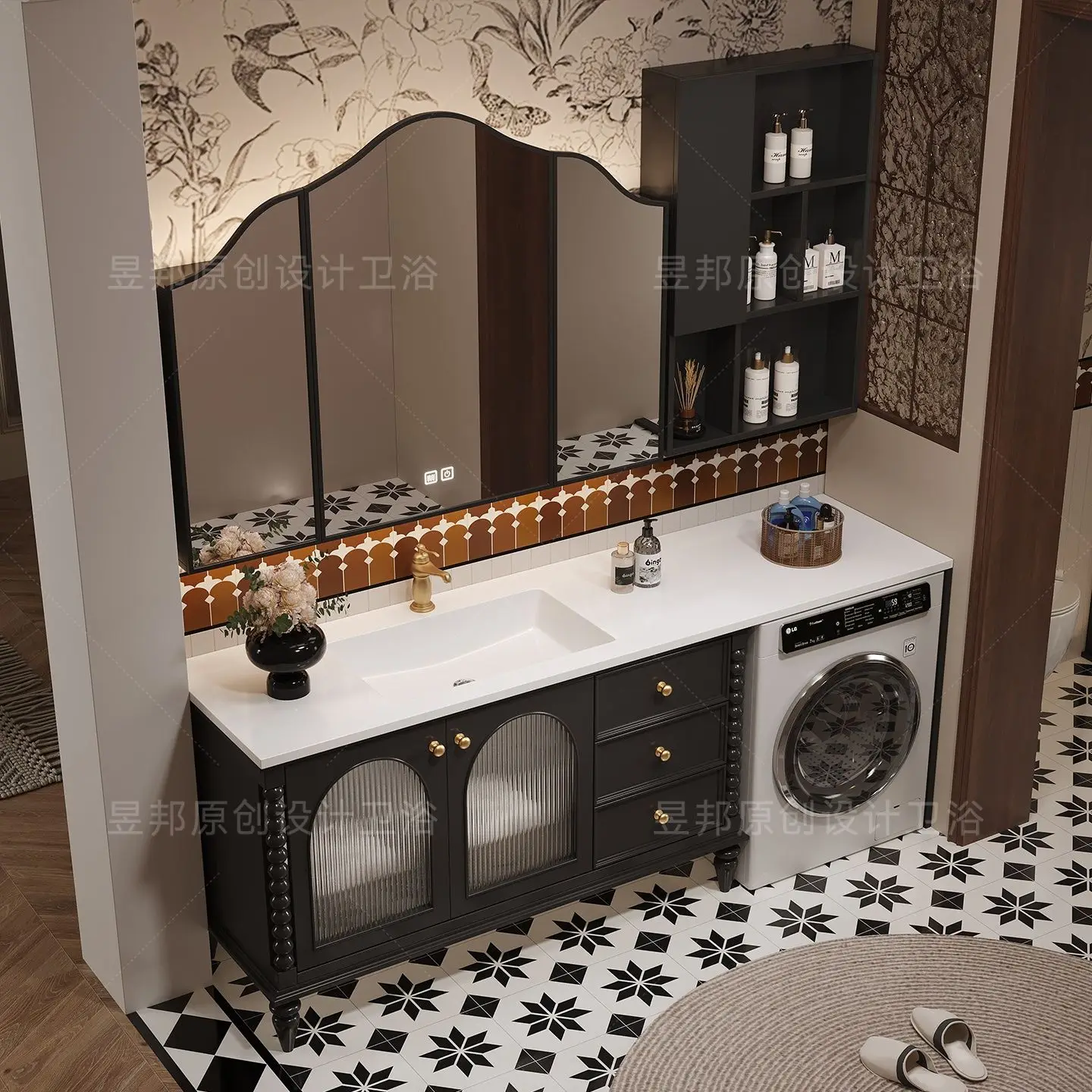 French floor-to-ceiling balcony washing machine integrated bathroom cabinet combination American retro bathroom washbasin