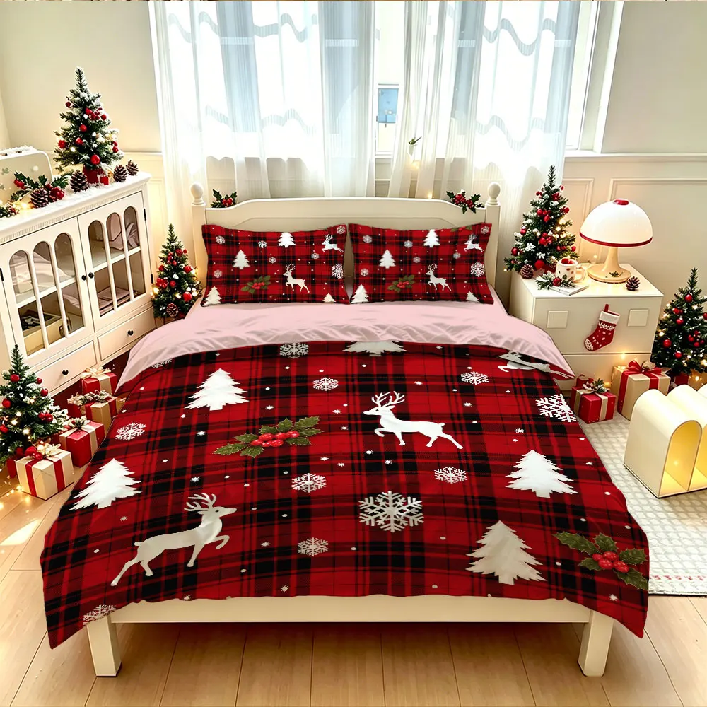 Christmas Red Checkered Reindeer Print Coreless 1 Duvet Cover 2 Pillowcase Soft Bedding Holiday Gift Decoration Machine Washable