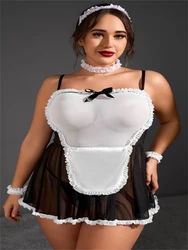 Plus Size Maid Uniform Women French Apron Maid Cosplay Sexy Lingerie Expose Butt Mini Dress See Through Servant Anime Role Play