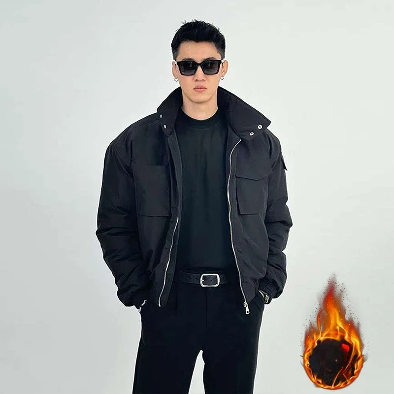 معطف رجالي من القطن البضائع كاجوال بياقة واقفة وسترة مبطنة عصرية بجيوب متعددة ملابس خارجية فضفاضة ودافئة