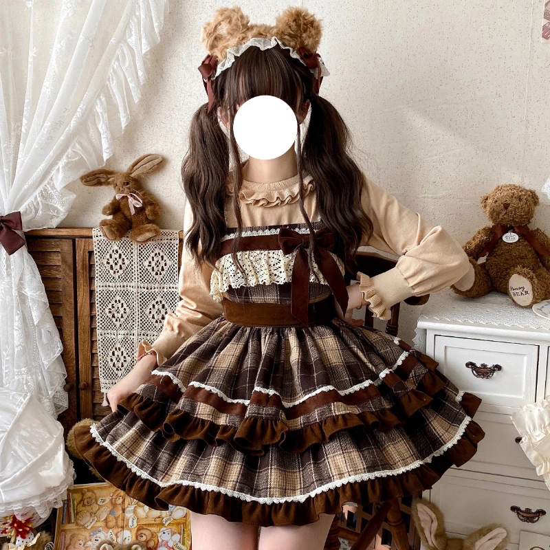 Japanese Harajuku Fashion Lolita Jsk Dress Women Sweet Lace Bow Plaid Princess Dresses Retro Cute Birthday Gift Tea Party Dress