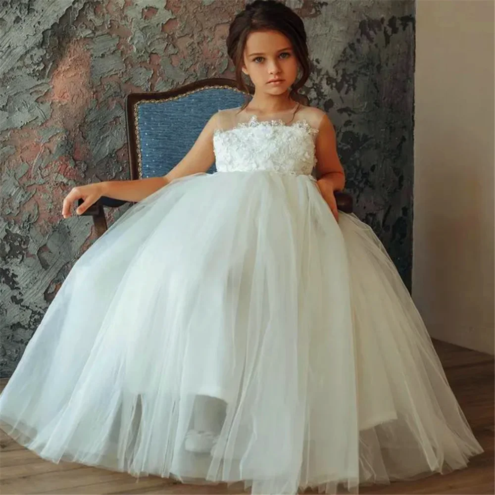 Transparent Sleeveless Harness Tulle Lace Flower Girl Dress Princess Ball First Communion Dresses Kids Surprise Birthday Present