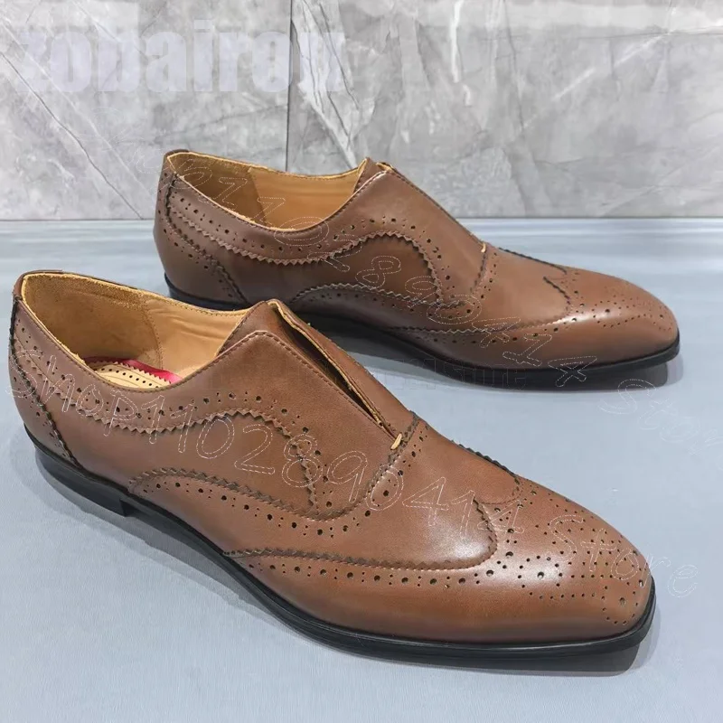 

Brown Carving Design Square Toe Men Loafers Fashion Slip On Men Shoes Luxury Handmade Party Feast Office Dating Men Dress Shoes