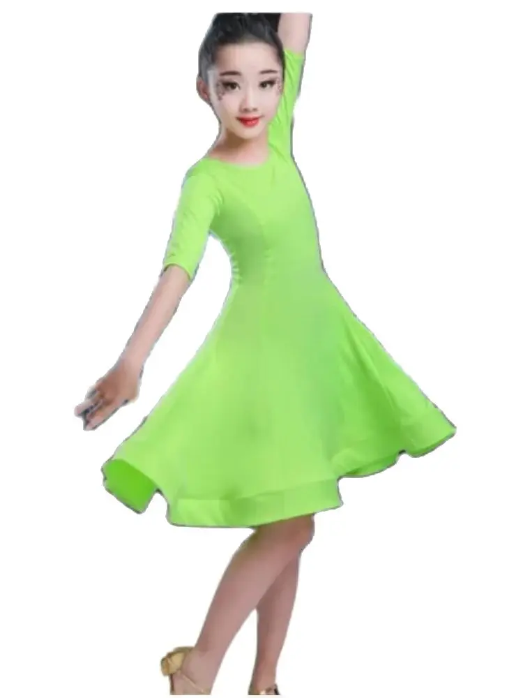 Disfraces de baile latino para niñas, 1 unids/lote, vestido de baile latino moderno para niños, Tango, Salsa, cuello redondo, vestido de baile sólido