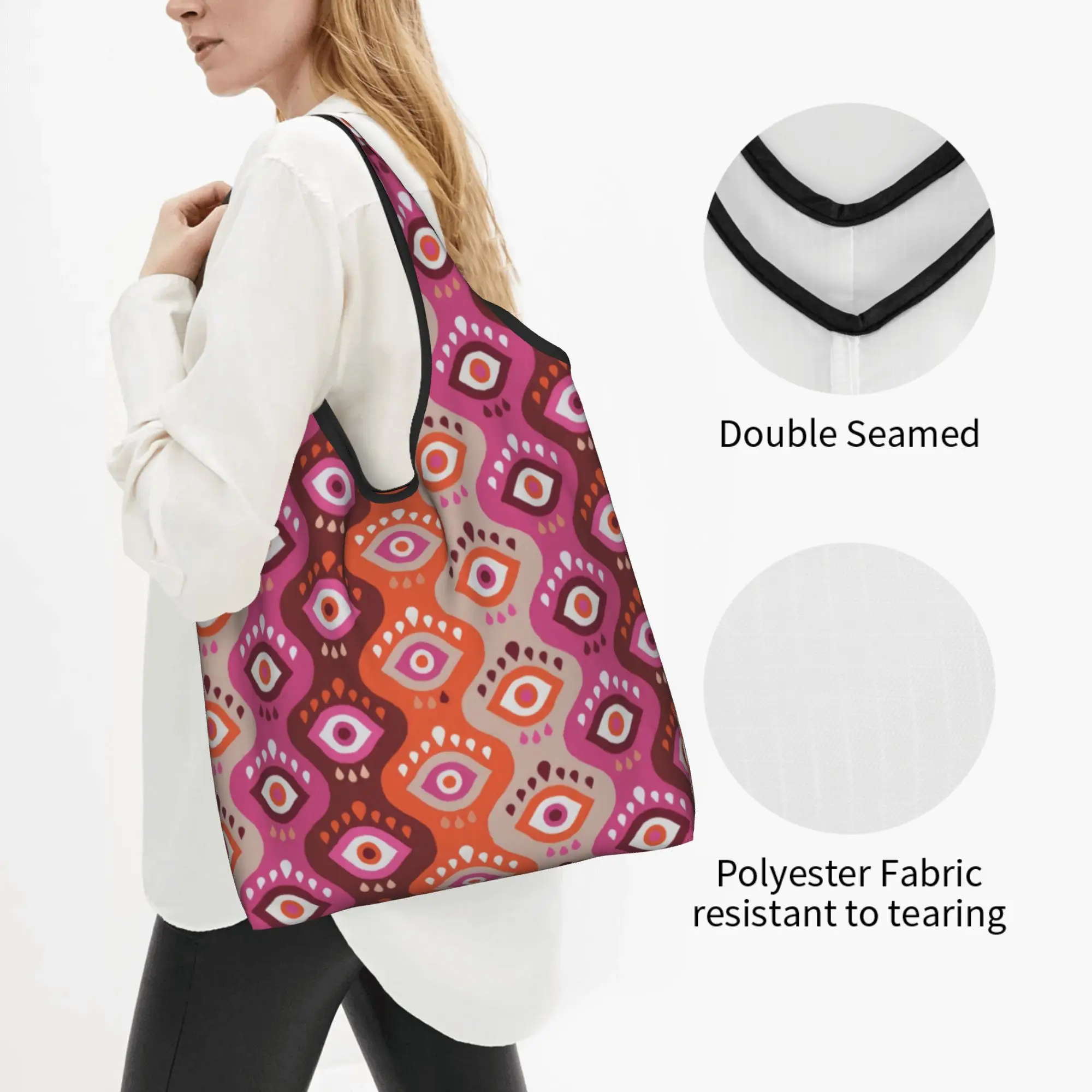 Wavy Evil Eye  Grocery Shopping Bags Cute Shopper Tote Shoulder Bags Big Capacity Portable Hamsa Lucky Charm  Handbag