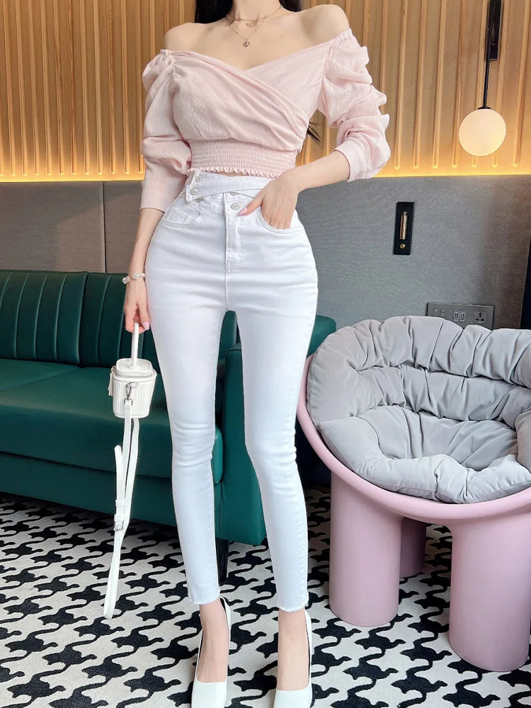 High Quality Elastic Women'S Jeans With Side Buckle Tight High Waist And Small Leg Pants 2023 Korean Fashion Women Clothing