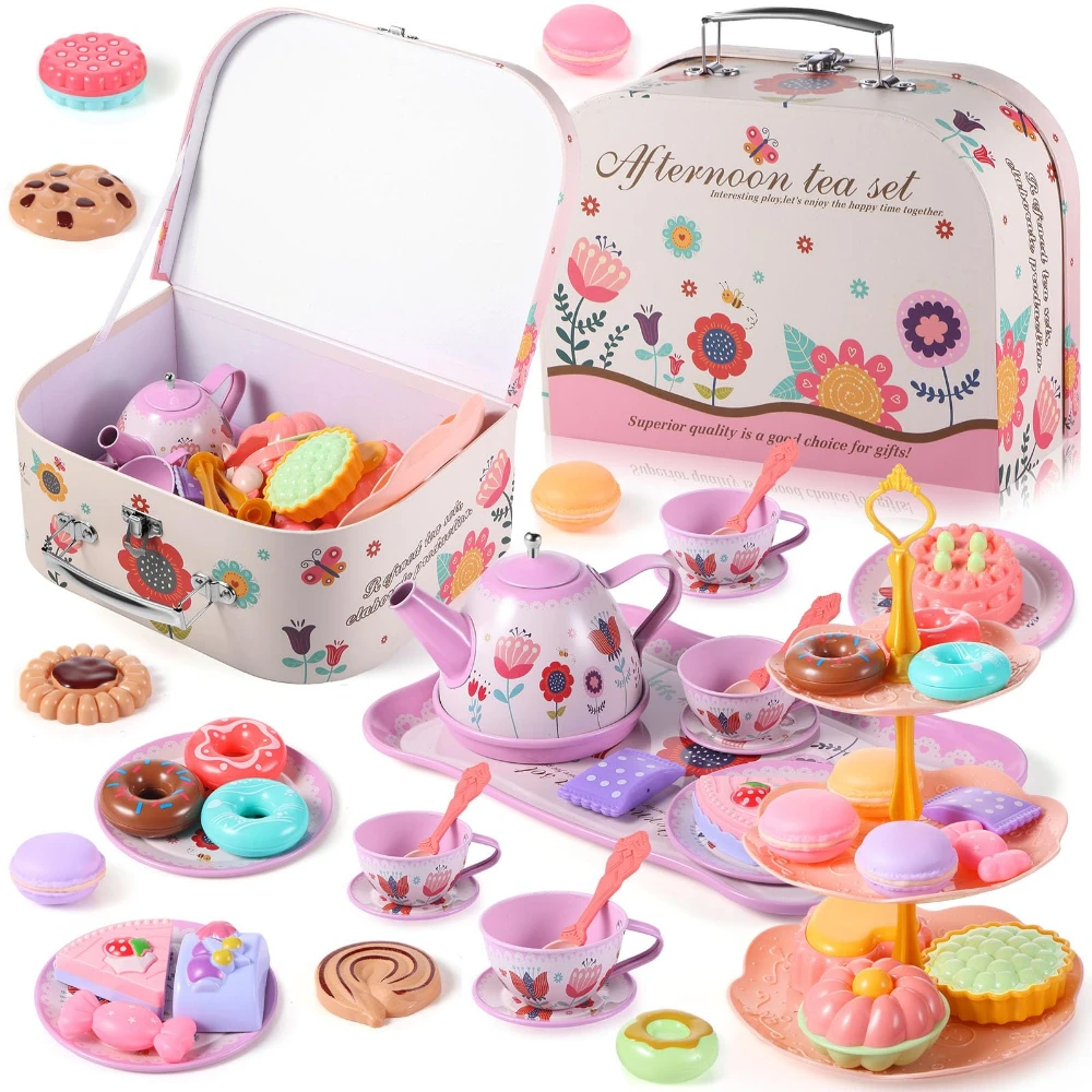 WizKidz Kids Tea Party Set for Ages 3+ Year Old Girls Princess Pretend Play Kitchen with Dessert Doughnut Carrying Case Gifts