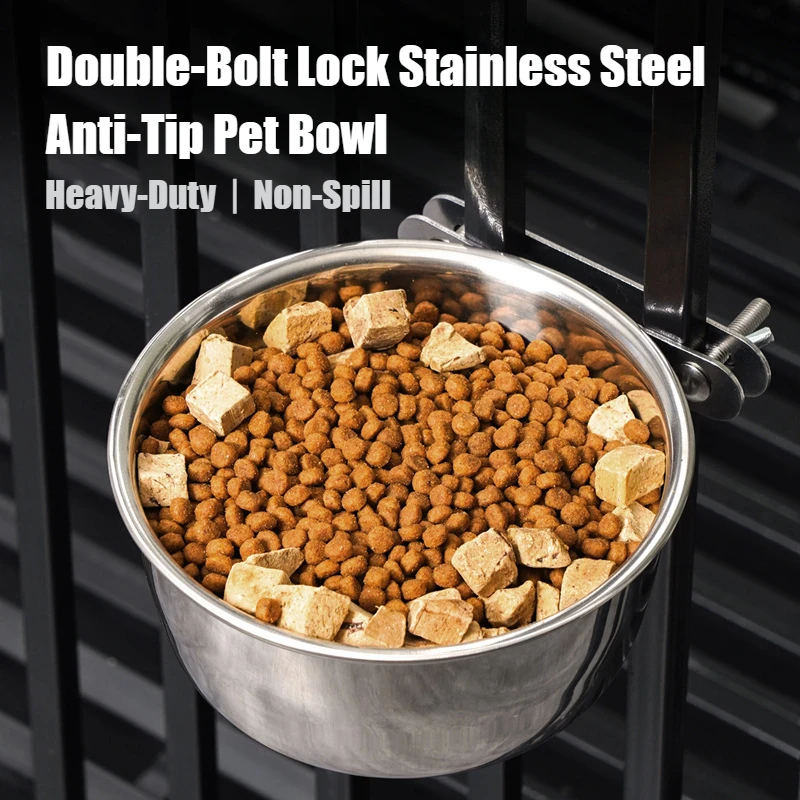 Double-Bolt Lock Stainless Steel Anti-Tip Pet Bowl – Wall Mounted Food & Water Dish Heavy-Duty Non-Spill Design for Cats/Dogs