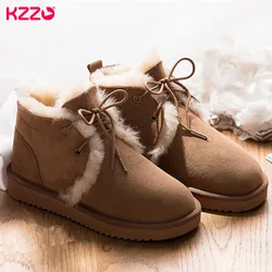 KZZO Real Sheepskin Leather Lace-up Boots For Women Natural Wool Fur Lined Australian Ankle Winter Flat Boots Warm Casual Shoes