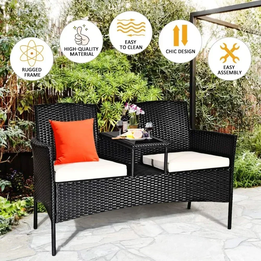 Wicker Patio Gesprächs möbel Set, Gartenmöbel Set mit abnehmbaren Kissen & Tisch, gehärtetes Glas