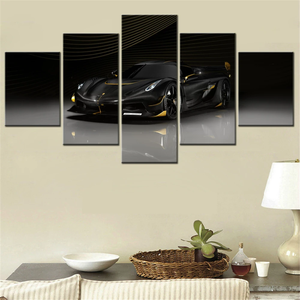 

5 Pieces Canvas Wall Arts Poster Painting Black Cool Racing Car Aesthetic Home Decor Picture Printing For Living Room Artwork